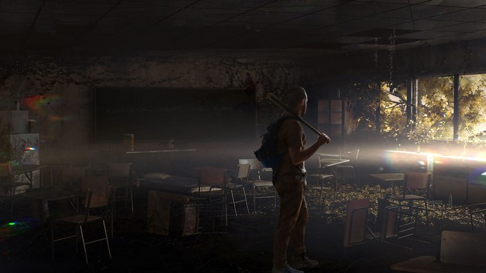 Man with baseball bat in abandoned classroom from State of Decay 2