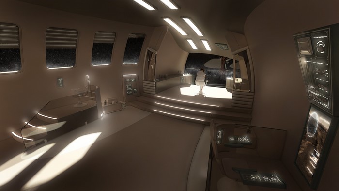 Interior of a futuristic spaceship bridge with large windows