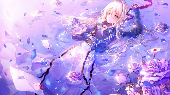 Violet Evergarden floating in water with roses and letters