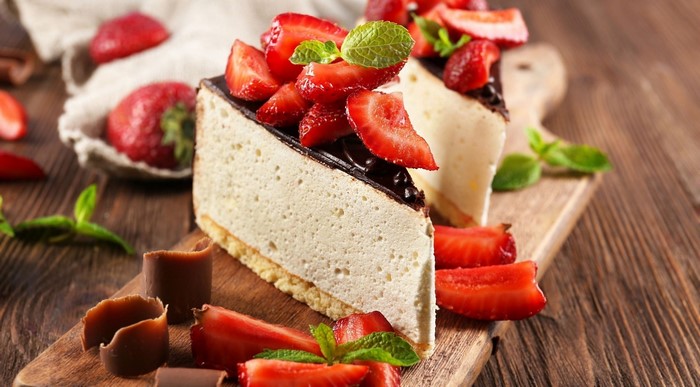 Strawberry Chocolate Cheesecake Slices on Cutting Board