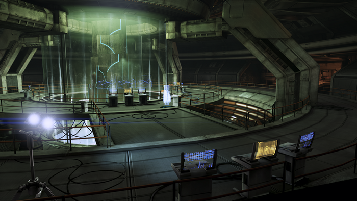 Science fiction laboratory with holographic displays