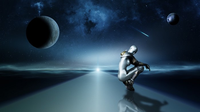 Robot in space with planets and a comet