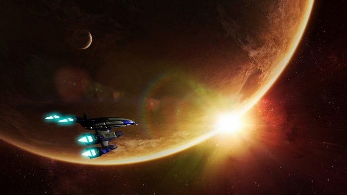 Normandy SR-2 spaceship near a planet in Mass Effect 3