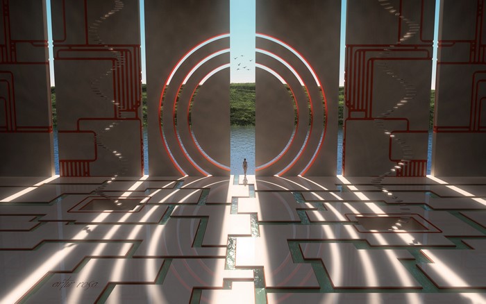 Futuristic portal with a lone figure and a body of water