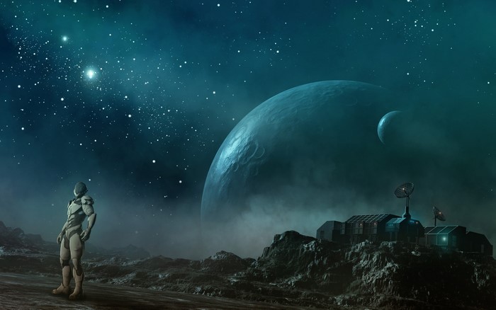 Astronaut on alien planet with large planet in sky