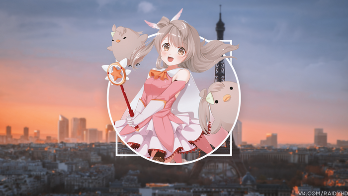 Anime girl with birds and Eiffel Tower