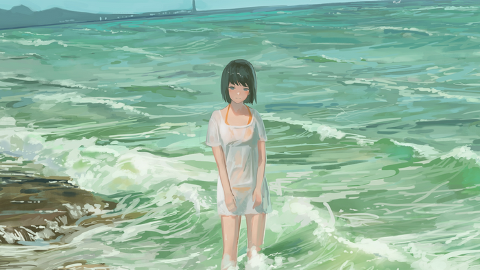 Anime girl with short hair in the sea