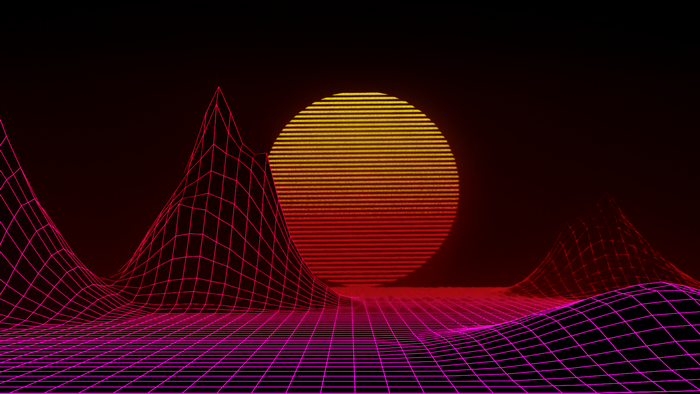 Retrowave landscape with grid hills and sunset