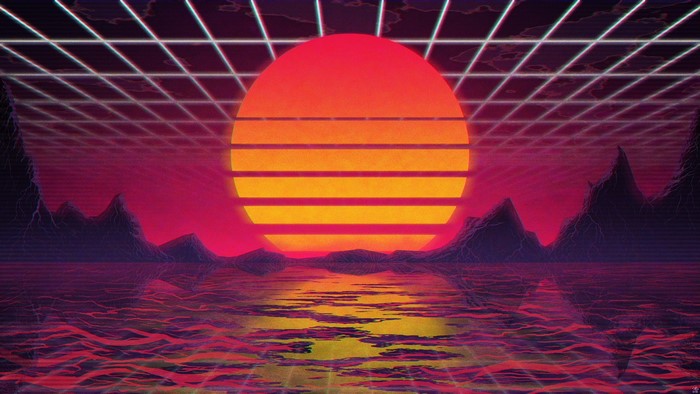 Retrowave Sunset Over Water with Hills and Grid
