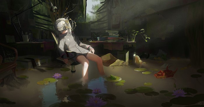 Anime girl in VR headset in flooded room with plants