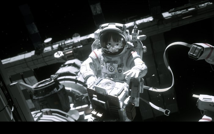 Anime astronaut girl working on a space station