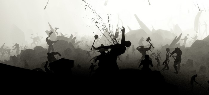 Silhouetted warriors in a brutal battle