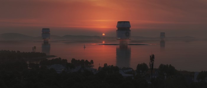Digital artwork of towers on a lake at sunset