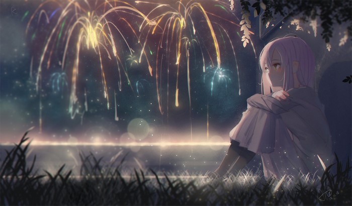 Anime girl watching fireworks by the water