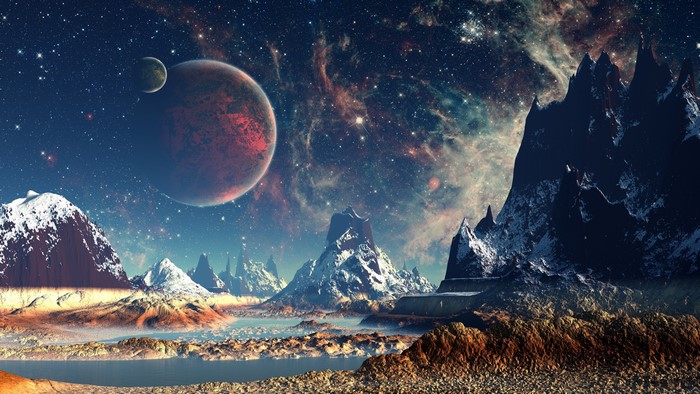 4K Space Landscape with Planets and Mountains