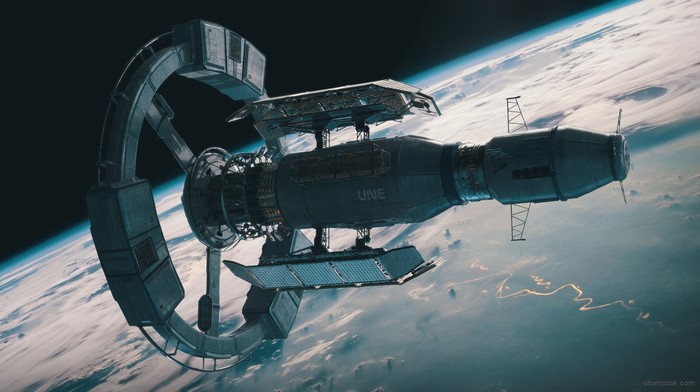Science fiction spaceship orbiting a planet