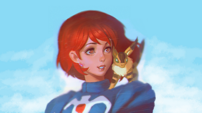 Girl with red hair and a creature in the sky