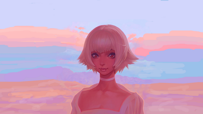 Artwork of a woman with blonde hair in a desert landscape at sunset
