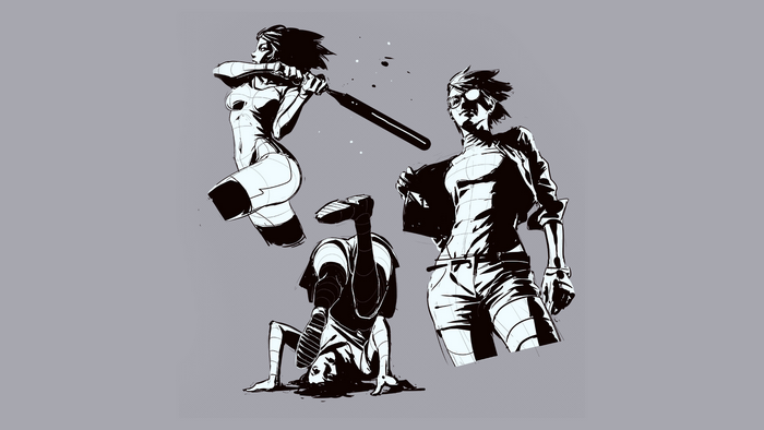 Three women in dynamic poses, artwork
