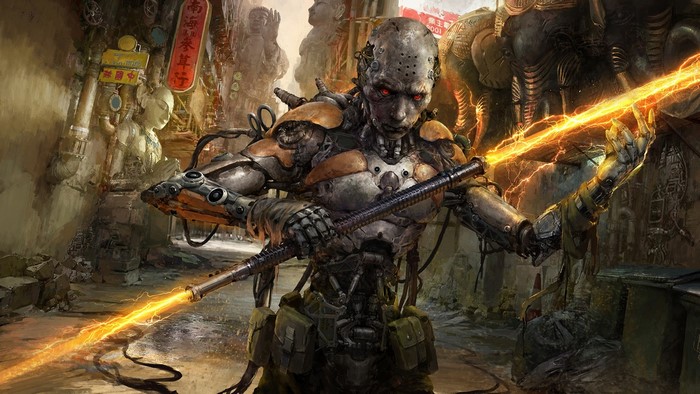 Cybernetic warrior with glowing staff in a futuristic city