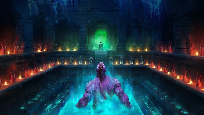 Fantasy creature ritual in a dark temple