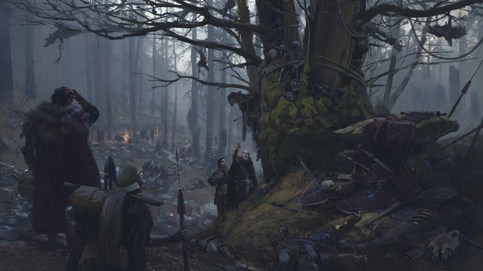 Artwork of a war scene in a forest