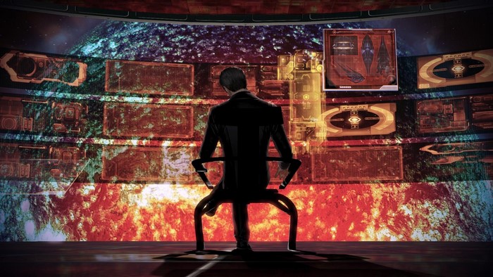 Illusive Man from Mass Effect 2 in front of screens