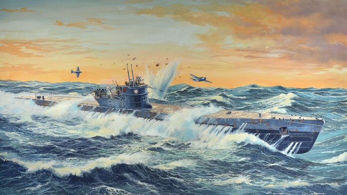 Artwork of a submarine under attack by aircraft