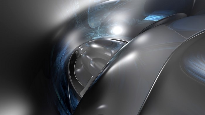 Abstract 3D render with metallic shapes and blue light
