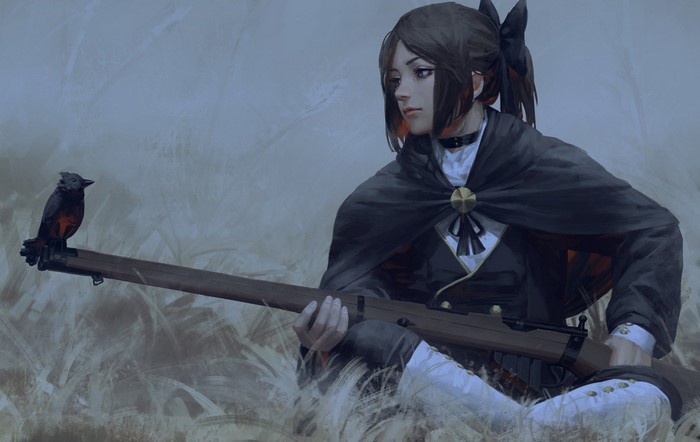 Woman with rifle and bird by Z.W. Gu