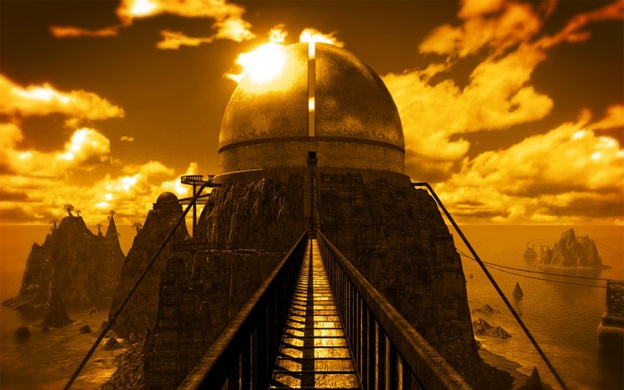 Myst island with a domed structure and bridge