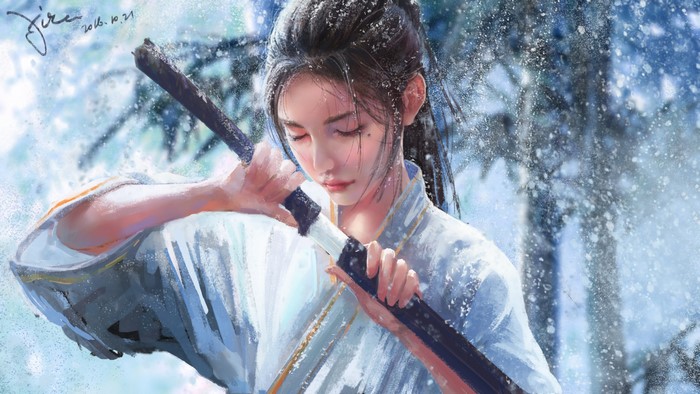 Artwork of a woman with a sword in the snow