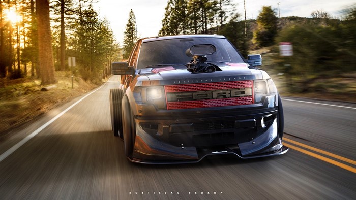 Ford Raptor truck with supercharger on a road