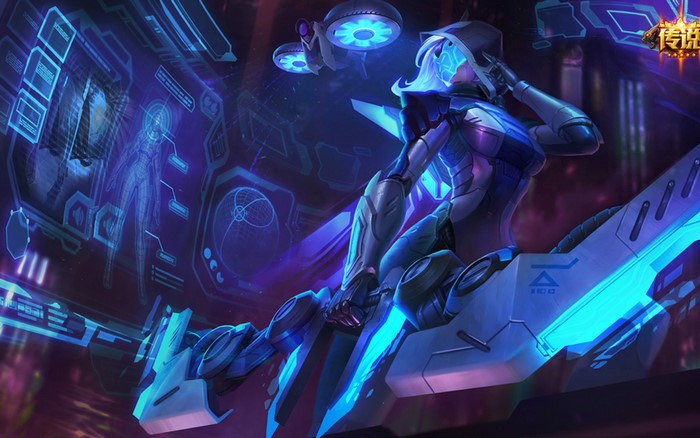Cyberpunk character on futuristic vehicle with holographic displays