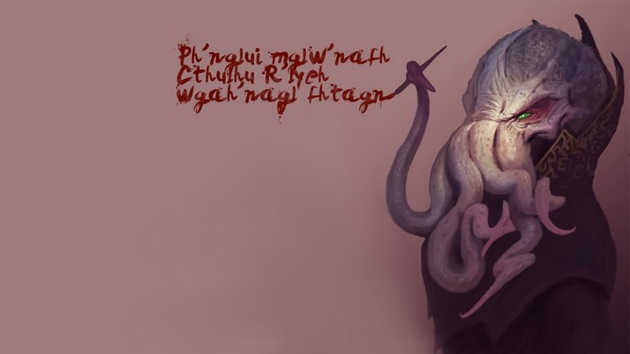 Cthulhu with green eyes writing in blood