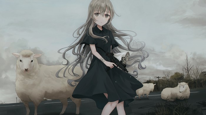 Anime girl with weapon and sheep on road