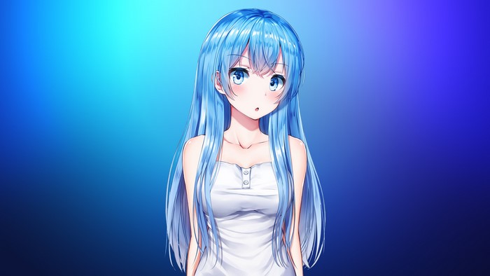 Anime girl with cyan hair on blue background