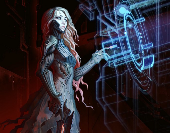 Woman interacting with a futuristic holographic interface