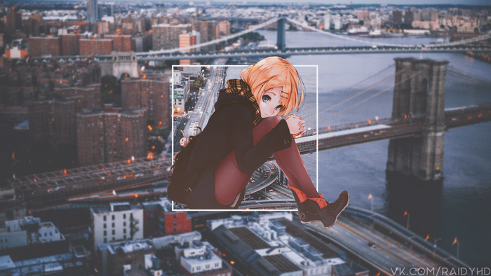 Anime girl sitting on a ledge overlooking New York City
