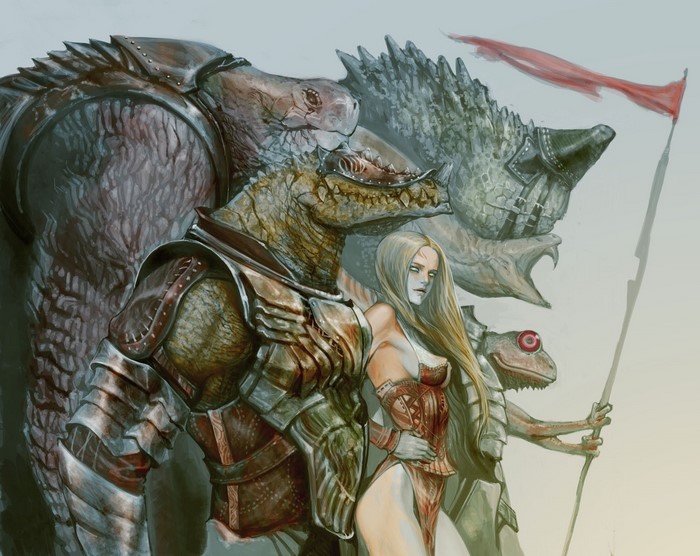 Fantasy art of a woman and reptilian creatures