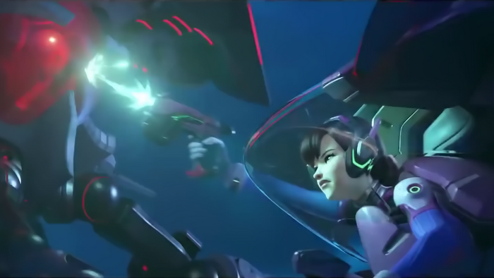 D.Va from Overwatch fighting a robot