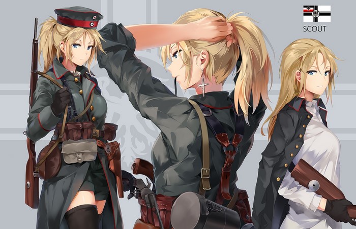 Anime girls in military uniforms with rifles