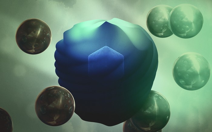 Abstract digital art with floating spheres