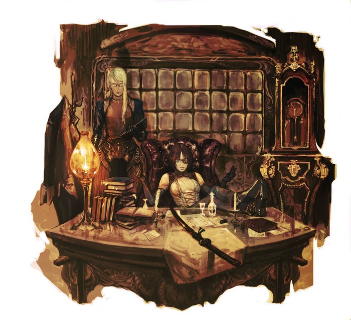 Two women in a dimly lit study with a clock