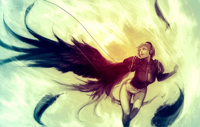 Fantasy girl with large black wings listening to music