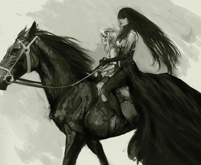 Two women riding a horse