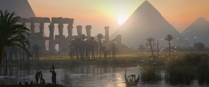Ancient Egyptian landscape with pyramids and ruins at sunrise