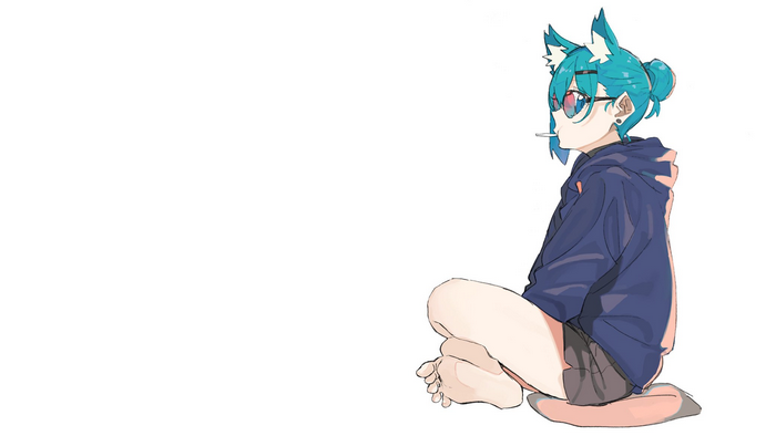 Anime girl with turquoise hair and cat ears wearing glasses