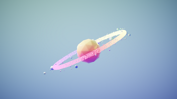 Low poly planet with colorful rings and small spheres