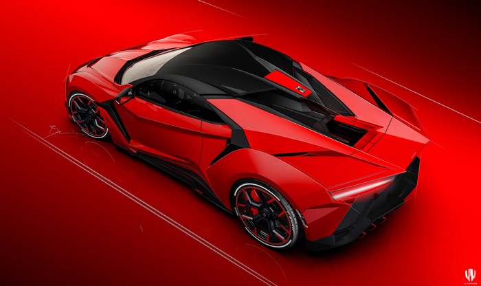 Red concept car with black accents on a red background
